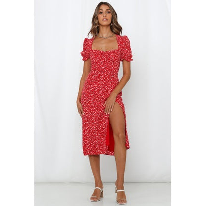 Short sleeve square neck print sexy split dress