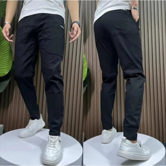 Men's Ice Silk Stitching Six-pocket Embroidery High Elastic Casual Pants