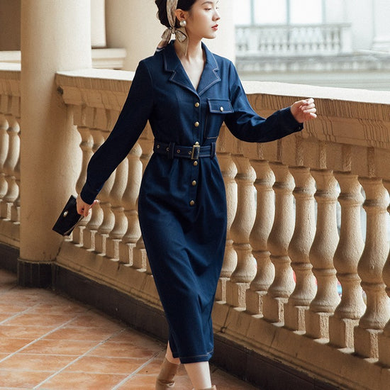 Vestido vaquero retro de una hilera y largo medio con cuello de traje