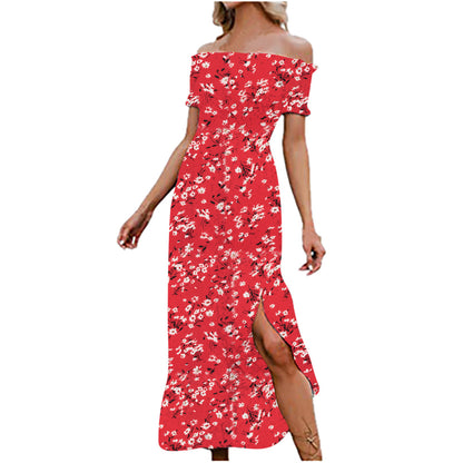 Ladies Chiffon One-shoulder Casual Floral Split Dress