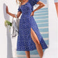 Fashion Blue Dot Print Asymmetrical Midi Sundress Elegant Puff Sleeve