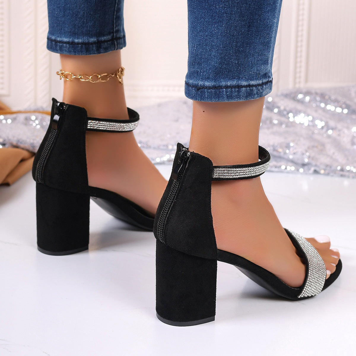 Rhinestone High Heel Sandals Summer Chunky Square Heel Sandals Open Toe Strappy Shoes