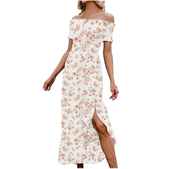 Ladies Chiffon One-shoulder Casual Floral Split Dress