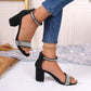 Rhinestone High Heel Sandals Summer Chunky Square Heel Sandals Open Toe Strappy Shoes