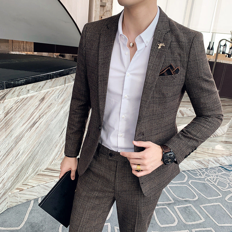Men's Casual Suit Fashion Plaid Two-piece Set