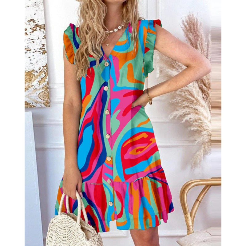 V-neck Loose Print Dress Women