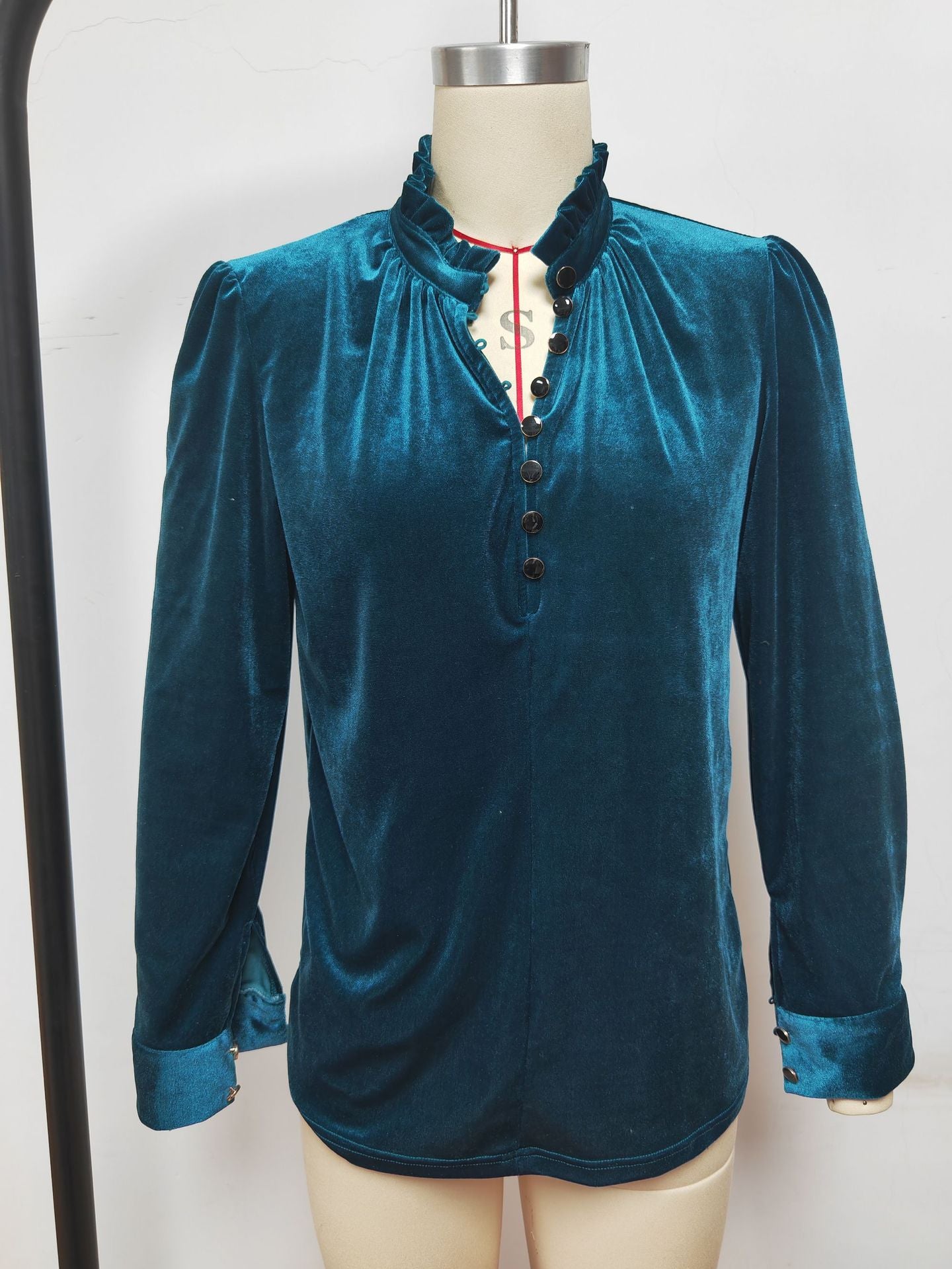 Women's Fashion V-neck Pleuche Long Sleeve Shirt Top