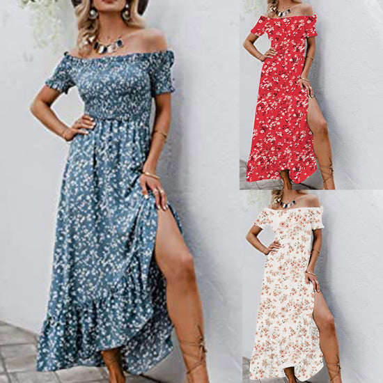 Ladies Chiffon One-shoulder Casual Floral Split Dress