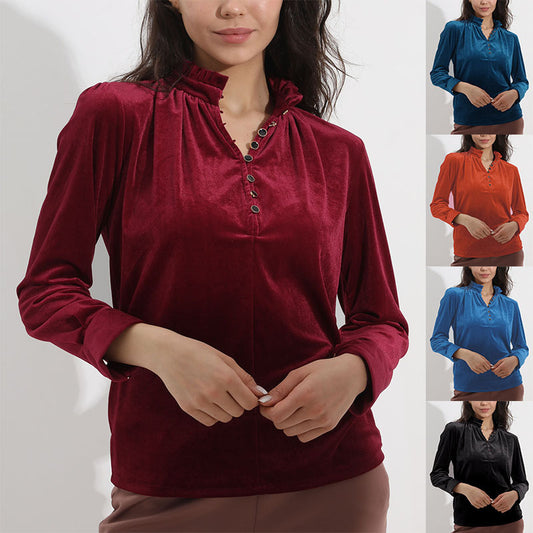 Women's Fashion V-neck Pleuche Long Sleeve Shirt Top