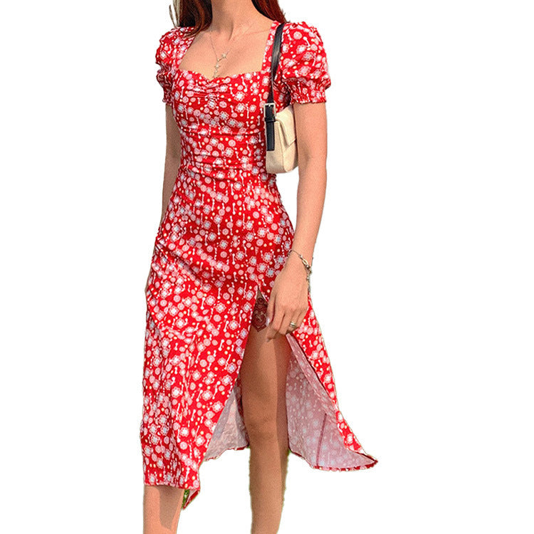 Pastoral Floral Short-sleeved Mid-length Dress With Waist And Slit