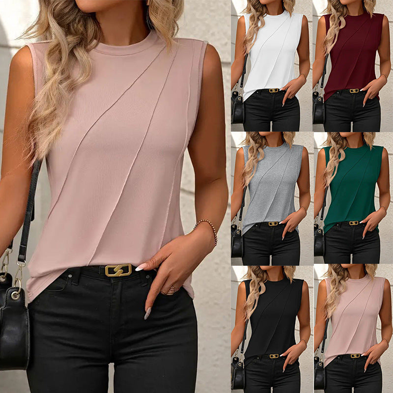 Summer Women's Solid Color Round Neck Sleeveless Loose T-shirt Shirt Vest